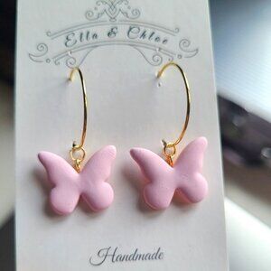 Cute 18K Gold Plated Matte Pink Clay Butterfly Dangle Hoop Earrings Fairycore